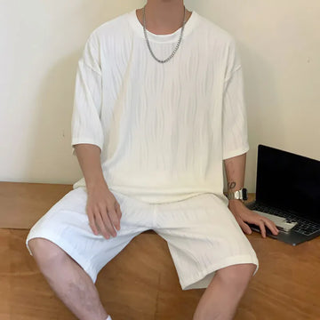 Riolio Summer Set Men Fashion Casual Shorts Short Sleeved T-shirt Sets Men Streetwear Hip-hop Loose Ice Silk Set Mens Pleated Set